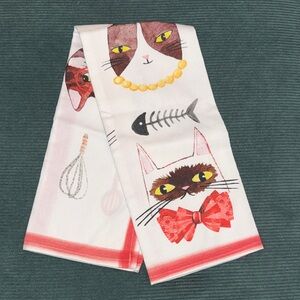 Sur la Table Cute Cat Print Kitchen Tea Towel Cotton White and Red NEW